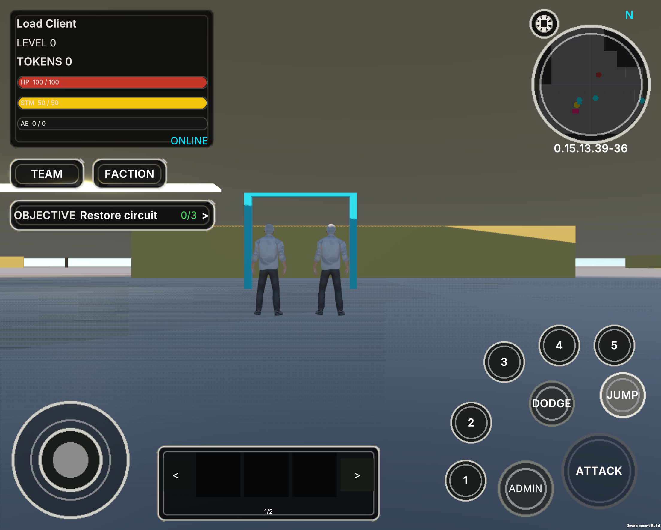 An internal Android gameplay build showing two Strays in the Level 0 greybox environment.