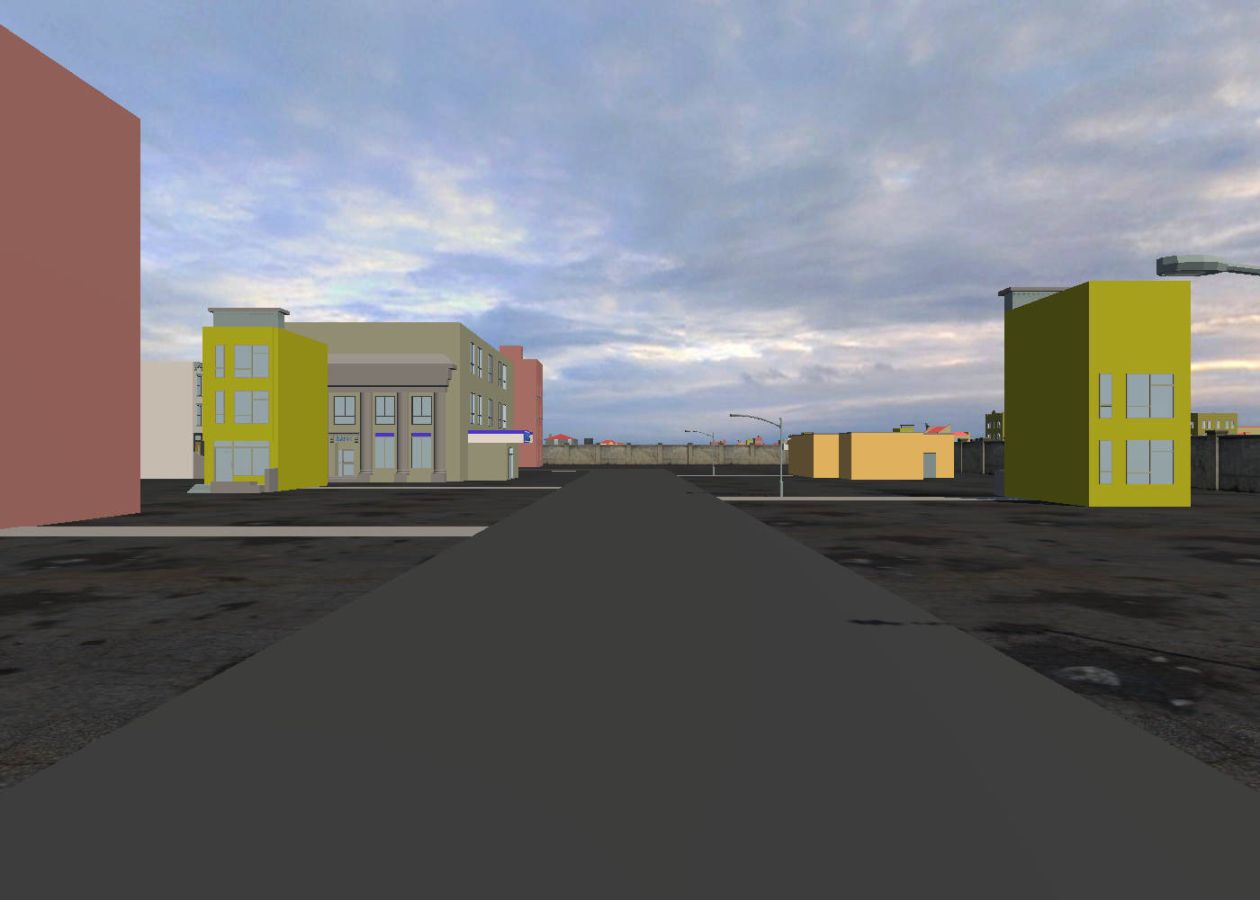 An in-engine Level 1 environment study showing an open street and early building forms.