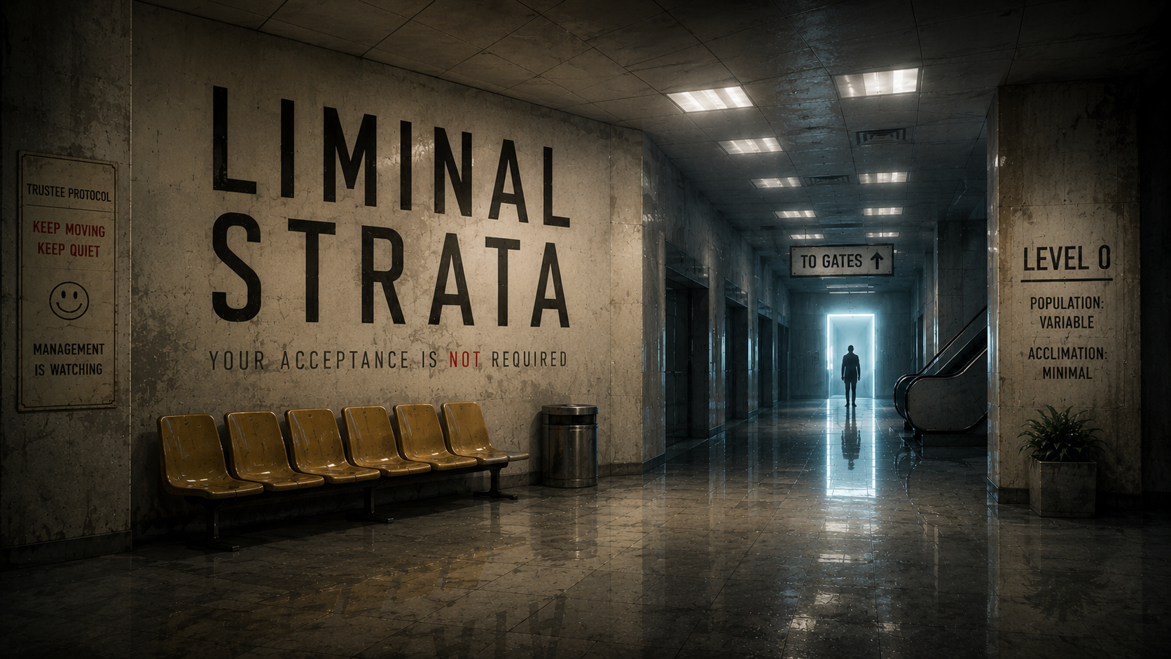 Liminal Strata title artwork: an empty institutional waiting area leads toward an illuminated doorway.